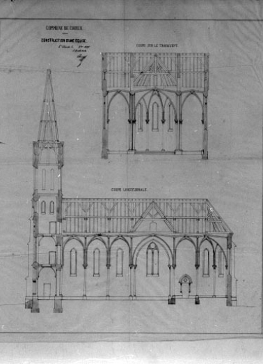 Commune de Choux. Construction d'une église [coupe sur le transept et coupe longitudinale]. © Région Bourgogne-Franche-Comté, Inventaire du patrimoine