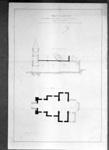 Projet de construction d'un clocher, d'un choeur et d'une sacristie à l'église des Moussières [coupe longitudinale et plan]. © Région Bourgogne-Franche-Comté, Inventaire du patrimoine