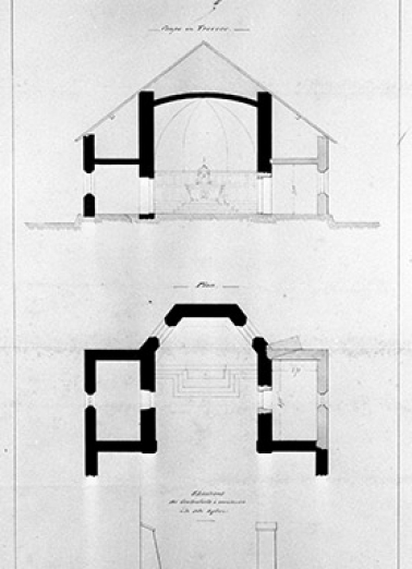 Projet d'une sacristie à construire à l'église de Haute Molune [coupe en travers, plan...]. © Région Bourgogne-Franche-Comté, Inventaire du patrimoine