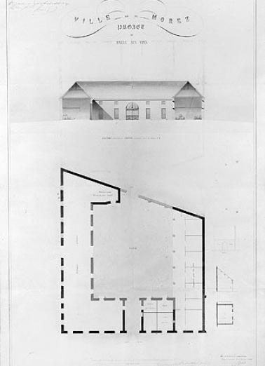 Ville de Morez. Projet de halle aux vins. [Plan, élévation de la façade intérieure de la halle aux blés côté route royale et coupes des corps perpendiculaires], 1845. © Région Bourgogne-Franche-Comté, Inventaire du patrimoine