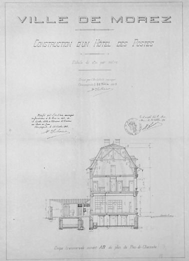 Ville de Morez. Construction d'un Hôtel des Postes. Coupe transversale suivant AB du plan du Rez-de-Chaussée, 1913. © Région Bourgogne-Franche-Comté, Inventaire du patrimoine
