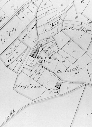 Plan-masse et de situation. Dessin, 1812. Extrait du plan cadastral, section C, feuille 1, échelle 1:2000. © Région Bourgogne-Franche-Comté, Inventaire du patrimoine