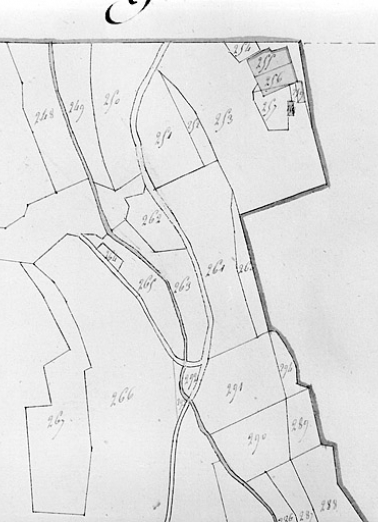 Plan-masse et de situation. Dessin, 1812. Extrait du plan cadastral, section A, feuille 2, échelle 1:2500. © Région Bourgogne-Franche-Comté, Inventaire du patrimoine