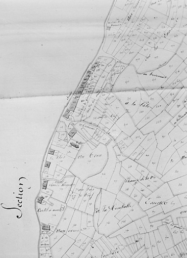 Plan-masse et de situation. Dessin, 1812. Extrait du plan cadastral, section B, feuille 1, échelle 1:2500. © Région Bourgogne-Franche-Comté, Inventaire du patrimoine