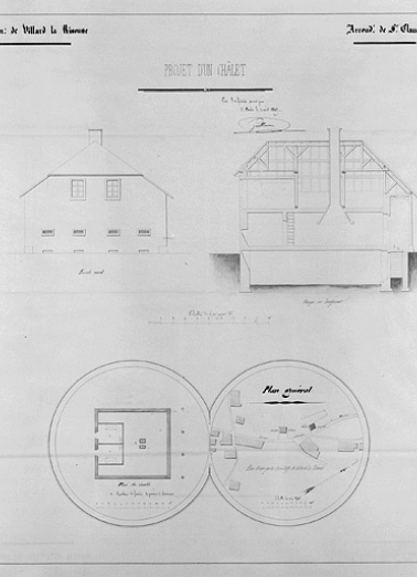 Projet d'un chalet : plan de situation, façade, coupe et plan des combles. © Région Bourgogne-Franche-Comté, Inventaire du patrimoine Projet d'un chalet : plan de situation, façade, coupe et plan des combles. © Région Bourgogne-Franche-Comté, Inventaire du patrimoine