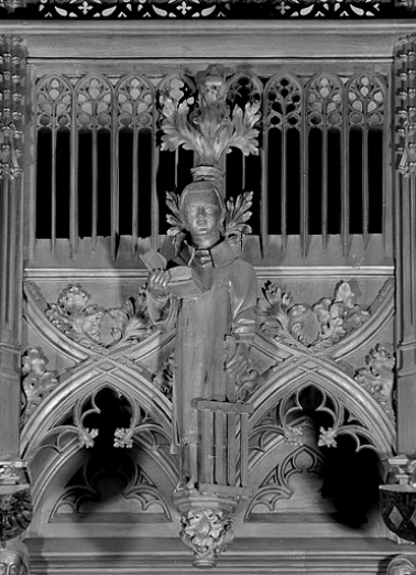 Vue de la dix-neuvième statuette du dais : saint Laurent. © Région Bourgogne-Franche-Comté, Inventaire du patrimoine