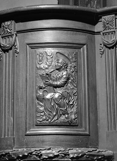 Quatrième panneau de la cuve : saint Jean. © Région Bourgogne-Franche-Comté, Inventaire du patrimoine Quatrième panneau de la cuve : saint Jean. © Région Bourgogne-Franche-Comté, Inventaire du patrimoine