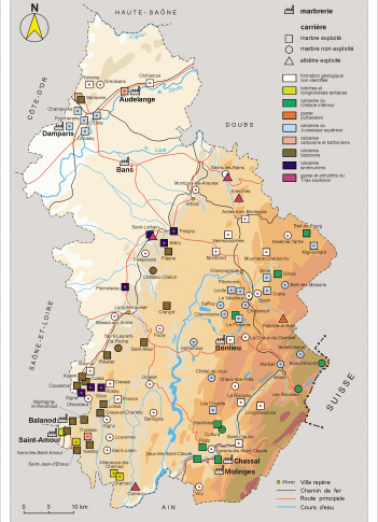 Carte de localisation des carrières et des marbreries. © Région Bourgogne-Franche-Comté, Inventaire du patrimoine