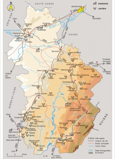 Carte de localisation des carrières exploitées et des marbreries. © Région Bourgogne-Franche-Comté, Inventaire du patrimoine