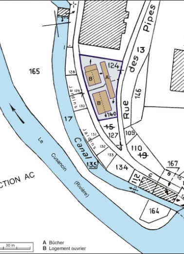 Plan-masse et de situation. Extrait du plan cadastral, 1982, section ZN, 1:2000 agrandi à 1:1000. © Région Bourgogne-Franche-Comté, Inventaire du patrimoine