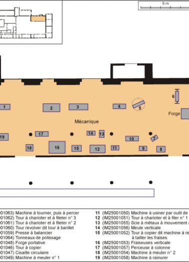 Plan de localisation des machines de l'atelier de mécanique. © Région Bourgogne-Franche-Comté, Inventaire du patrimoine