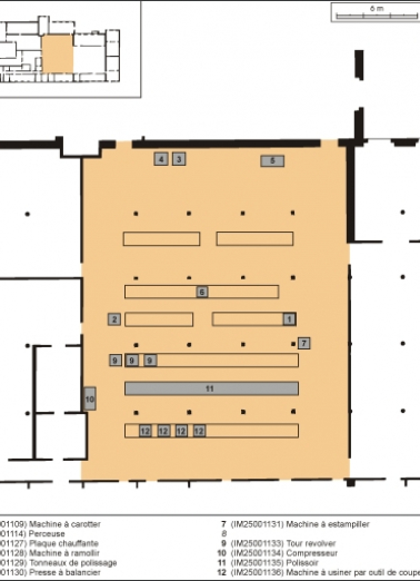 Plan de localisation des machines de la ligne de fabrication commune aux pipes en bruyère et aux pipes en merisier. Atelier principal. © Région Bourgogne-Franche-Comté, Inventaire du patrimoine