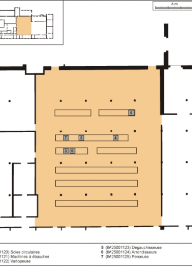 Plan de localisation des machines de la ligne de fabrication des têtes de pipe en bruyère. Atelier principal. © Région Bourgogne-Franche-Comté, Inventaire du patrimoine