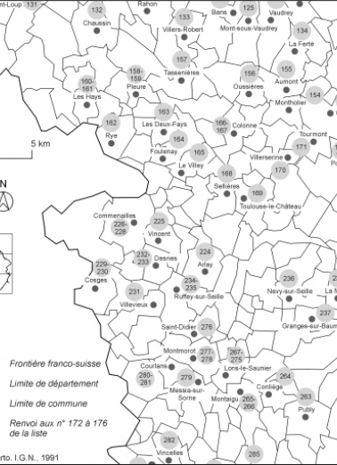 Carte de localisation des édifices industriels étudiés : partie centre-ouest.Fonds de carte : BD carto IGN 1991. © Région Bourgogne-Franche-Comté, Inventaire du patrimoine