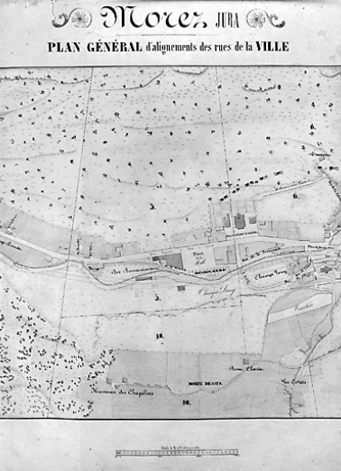 Morez. Plan d'alignements [plan dépliant : 3e partie, au centre], 1845-1859. © Région Bourgogne-Franche-Comté, Inventaire du patrimoine