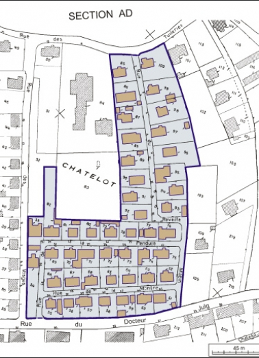Plan-masse et de situation. Extrait du plan cadastral, 1979, section AI, 1:1500. © Région Bourgogne-Franche-Comté, Inventaire du patrimoine
