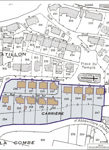 Plan-masse et de situation. Extrait du plan cadastral, 1979, section AH, 1:1000. © Région Bourgogne-Franche-Comté, Inventaire du patrimoine