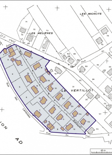 Plan-masse et de situation. Extrait du plan cadastral, 1979, section AE, 1:1500. © Région Bourgogne-Franche-Comté, Inventaire du patrimoine
