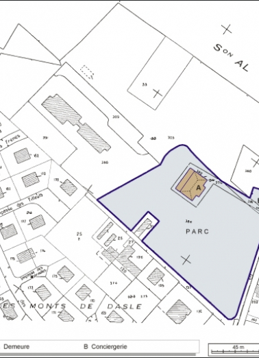 Plan-masse et de situation. Extrait du plan cadastral, 1984, section AM, 1:2000 agrandi à 1:1500. © Région Bourgogne-Franche-Comté, Inventaire du patrimoine Plan-masse et de situation. Extrait du plan cadastral, 1984, section AM, 1:2000 agrandi à 1:1500. © Région Bourgogne-Franche-Comté, Inventaire du patrimoine