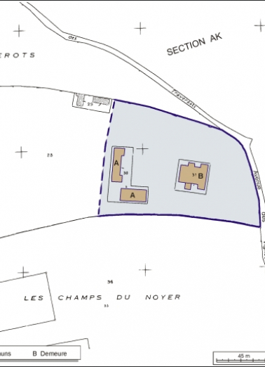 Plan-masse et de situation. Extrait du plan cadastral, 1984, section AN, 1:2000 agrandi à 1:1500. © Région Bourgogne-Franche-Comté, Inventaire du patrimoine