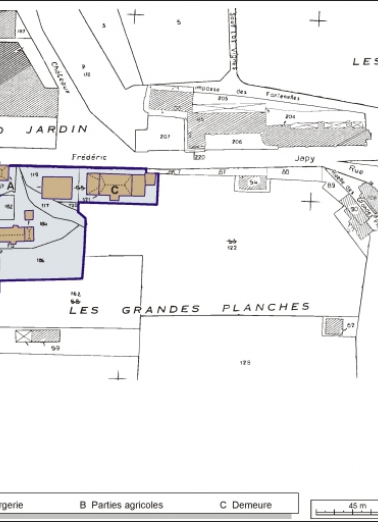Plan-masse et de situation. Extrait du plan cadastral, 1984, section AL, 1:1000 réduit à 1:1500. © Région Bourgogne-Franche-Comté, Inventaire du patrimoine