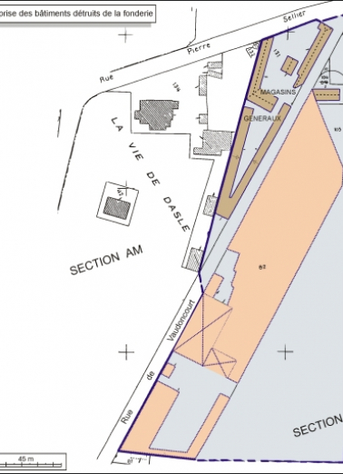 Plan-masse et de situation. Montage d'extraits de plan cadastral, 1979, sections AL et AM, 1:000, le tout réduit à 1:1500. © Région Bourgogne-Franche-Comté, Inventaire du patrimoine
