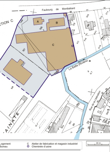 Plan-masse et de situation. Extrait du plan cadastral, 1984, section AI, 1:1000. © Région Bourgogne-Franche-Comté, Inventaire du patrimoine