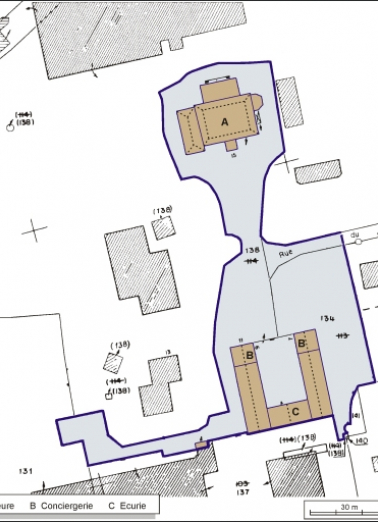 Plan-masse et de situation. Extrait du plan cadastral, 1984, section A, 1:1000. © Région Bourgogne-Franche-Comté, Inventaire du patrimoine