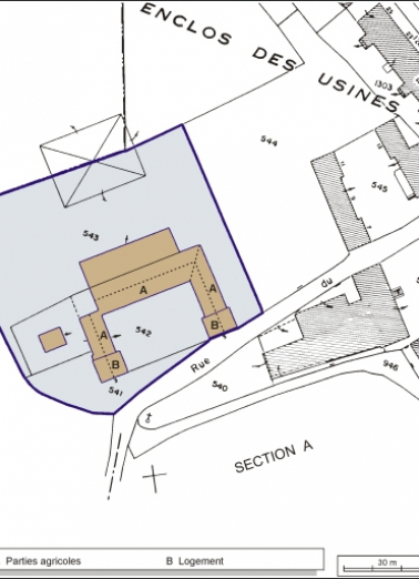 Plan-masse et de situation. Extrait du plan cadastral, 1952, section C, 1:1000. © Région Bourgogne-Franche-Comté, Inventaire du patrimoine