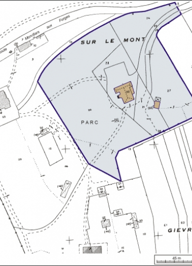 Plan-masse et de situation. Extrait du plan cadastral, 1984, section B, 1:1000 réduit à 1:1500. © Région Bourgogne-Franche-Comté, Inventaire du patrimoine