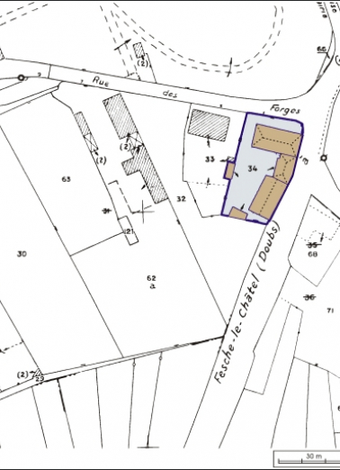 Plan-masse et de situation. Extrait du plan cadastral, 1984, section B, 1:1000. © Région Bourgogne-Franche-Comté, Inventaire du patrimoine
