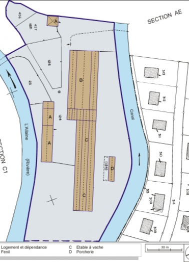 Plan-masse et de situation. Extrait du plan cadastral, 1984, section AD, 1:1000. © Région Bourgogne-Franche-Comté, Inventaire du patrimoine