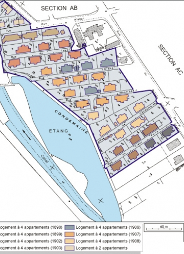 Plan-masse et de situation. Montage d'extraits de plan cadastral, 1984, sections AH et AI, 1:000, le tout réduit à 1:2000. © Région Bourgogne-Franche-Comté, Inventaire du patrimoine Plan-masse et de situation. Montage d'extraits de plan cadastral, 1984, sections AH et AI, 1:000, le tout réduit à 1:2000. © Région Bourgogne-Franche-Comté, Inventaire du patrimoine