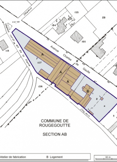Plan-masse et de situation. Montage d'extraits de plan cadastral, Giromagny, 1984, section AI, 1:1000 et Rougegoutte, 1983, section AH, 1:1000. © Région Bourgogne-Franche-Comté, Inventaire du patrimoine