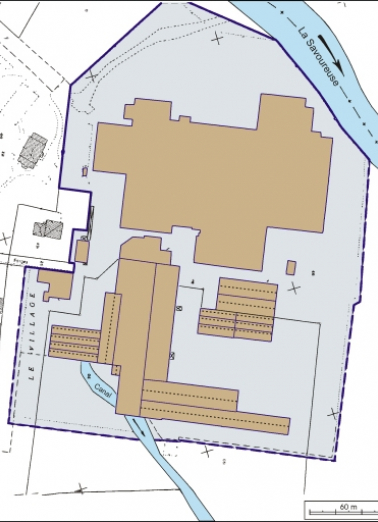 Plan-masse de l'usine. Extrait du plan cadastral, 1991, section AM, 1:1000 réduit à 1:2000. © Région Bourgogne-Franche-Comté, Inventaire du patrimoine Plan-masse de l'usine. Extrait du plan cadastral, 1991, section AM, 1:1000 réduit à 1:2000. © Région Bourgogne-Franche-Comté, Inventaire du patrimoine