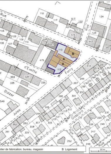 Plan-masse et de situation. Extrait du plan cadastral, 2001, section AE, 1:1000. © Région Bourgogne-Franche-Comté, Inventaire du patrimoine