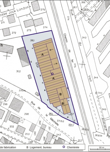 Plan-masse et de situation. Extrait du plan cadastral, 2001, section AB, 1:1000. © Région Bourgogne-Franche-Comté, Inventaire du patrimoine