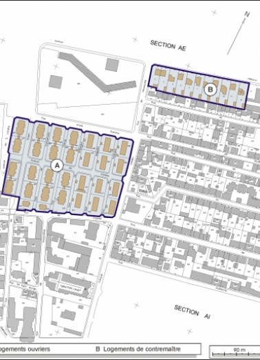 Plan de situation des logements d'ouvriers et des logements de contremaître. Extrait du plan cadastral, 2001, section AH, 1:1000 réduit à 1:3000. © Région Bourgogne-Franche-Comté, Inventaire du patrimoine