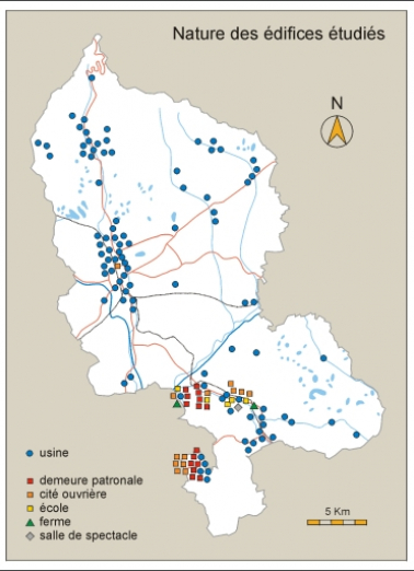 Nature des édifices étudiés. Fonds de carte : BD carto IGN 2000. © Région Bourgogne-Franche-Comté, Inventaire du patrimoine