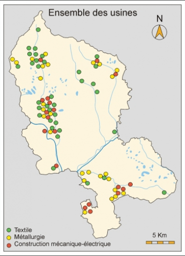 Implantation de l'industrie métallurgique, textile et de la construction mécanique et électrique. Fonds de carte : BD carto IGN 2000. © Région Bourgogne-Franche-Comté, Inventaire du patrimoine
