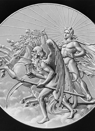 [Médaillon : dessin du temps sous forme d'un vieillard à la faux arrêtant le char de Phaéton], 1ère moitié 20e siècle. © Région Bourgogne-Franche-Comté, Inventaire du patrimoine