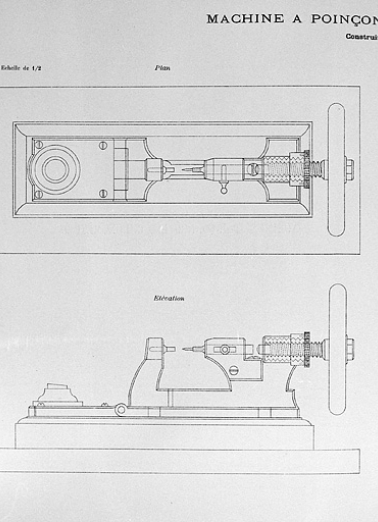 Machine à poinçonner les chronomètres construite par Hérique. Plan [et] Elévation, 1898. © Région Bourgogne-Franche-Comté, Inventaire du patrimoine