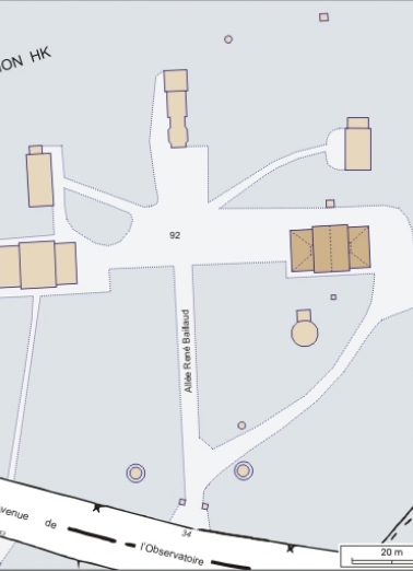 Plan-masse et de situation. Extrait du plan cadastral informatisé, 2004, section HK, échelle 1:1000 agrandie à 1:750. © Région Bourgogne-Franche-Comté, Inventaire du patrimoine