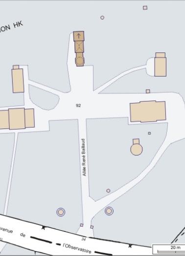 Plan-masse et de situation. Extrait du plan cadastral informatisé, 2004, section HK, échelle 1:1000 agrandie à 1:750. © Région Bourgogne-Franche-Comté, Inventaire du patrimoine