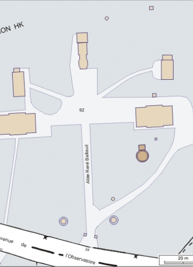 Plan-masse et de situation. Extrait du plan cadastral informatisé, 2004, section HK, échelle 1:1000 agrandie à 1:750. © Région Bourgogne-Franche-Comté, Inventaire du patrimoine
