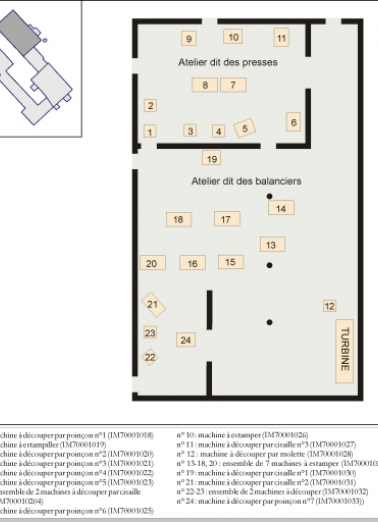 Plan de localisation des machines de la ligne de fabrication des outils non forgés. © Région Bourgogne-Franche-Comté, Inventaire du patrimoine Plan de localisation des machines de la ligne de fabrication des outils non forgés. © Région Bourgogne-Franche-Comté, Inventaire du patrimoine