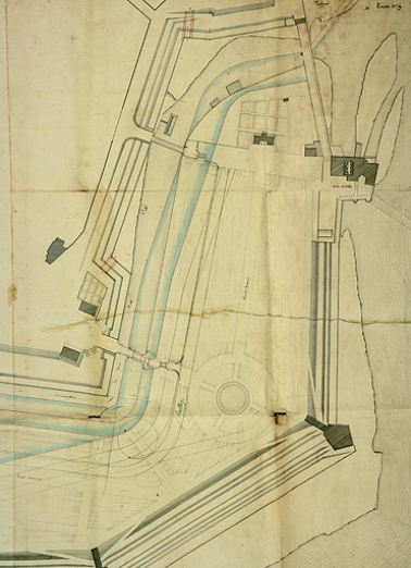 Plan général des ouvrages proposés dans la dérivation de Chamars [détail : partie aval], 1824. © Région Bourgogne-Franche-Comté, Inventaire du patrimoine