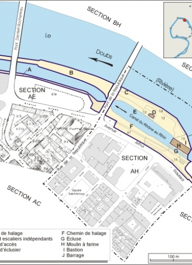 Plan-masse et de situation. Extrait du plan cadastral, 2006, sections AE et AH. © Région Bourgogne-Franche-Comté, Inventaire du patrimoine