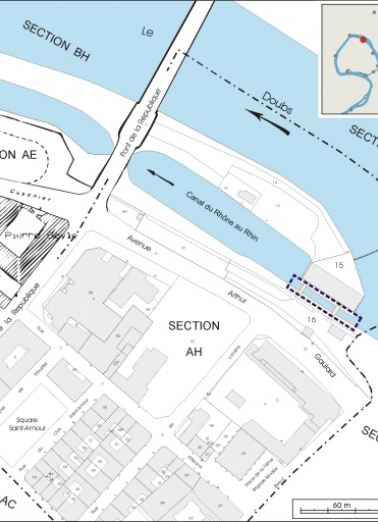 Plan-masse et de situation. Extrait du plan cadastral, 2006, section AH. © Région Bourgogne-Franche-Comté, Inventaire du patrimoine Plan-masse et de situation. Extrait du plan cadastral, 2006, section AH. © Région Bourgogne-Franche-Comté, Inventaire du patrimoine