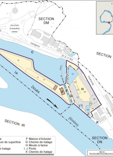 Plan-masse et de situation. Extrait du plan cadastral, 2006, sections DM et DN. © Région Bourgogne-Franche-Comté, Inventaire du patrimoine Plan-masse et de situation. Extrait du plan cadastral, 2006, sections DM et DN. © Région Bourgogne-Franche-Comté, Inventaire du patrimoine